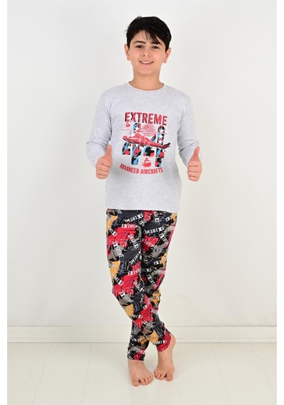 Vitmo Erkek Çocuk Pijama Takımı Uzun Kollu Air Craft Pamuklu Kışlık Gri