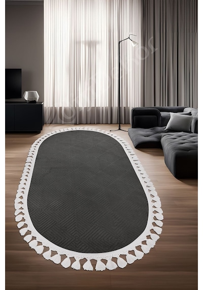 Dijidekor Halı Cool Antrasit Pramit Desenli Saçaklı Oval Kesm...