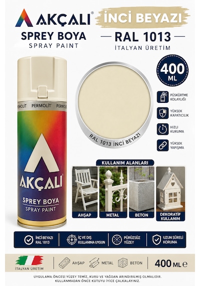 Akçalı İnci Beyazı Parlak Sprey Boya 400 Ml Ahşap Metal Beton İtalyan Üretim