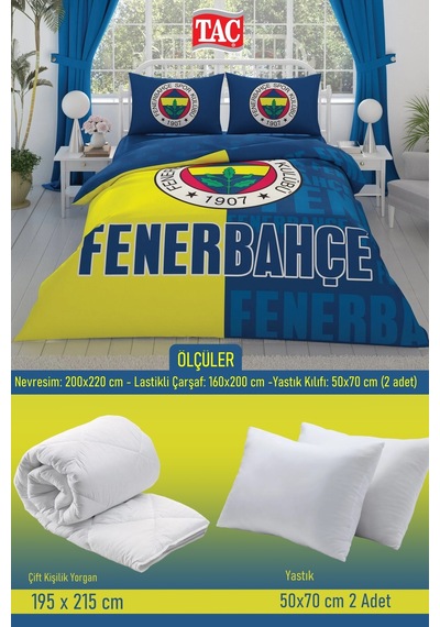 Fenerbahçe Parçalı Logo Çift Kişilik 7 Parça Yatak Seti - Nevresim Takımı + Yorgan + 2'li Yastık Sarı Lacivert