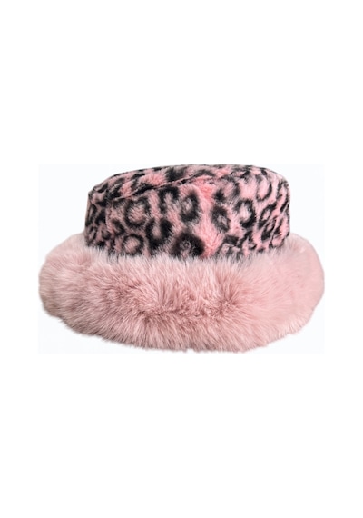 Me-vo Leopar Desenli Pembe Peluş Kürk Şapka, Yumuşak Faux Fur Kenarlı Pembe