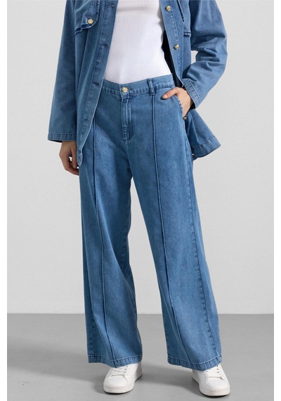 Olcay Pelerin Ve Metal Düğmeli Ceket Pantolon Denim İkili Takım Mavi 9393-tk