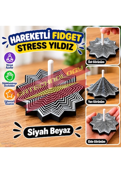 Hareketli Fidget Stress Yıldız Dönen Stres Oyuncağı, Dikkat Ve Odaklanma Oyuncağı Siyahbeyaz