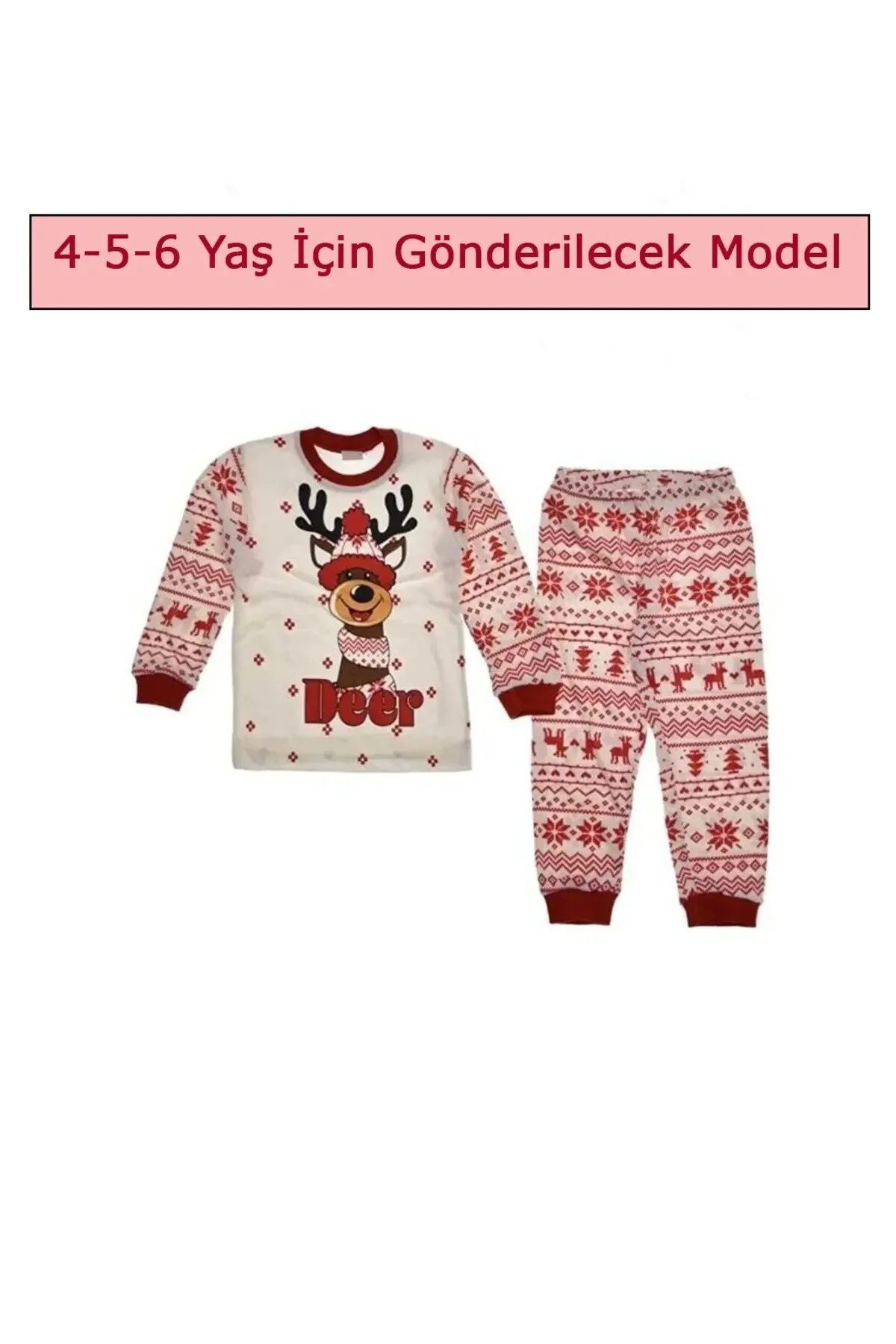 Bilge Trend Yılbaşı , Noel , Yeni Yıl Etnik Desen Geyikli %100 Pamuk Kız Erkek Çocuk Pijama Takım Dar Kalıptır Kırmızı - Beyaz