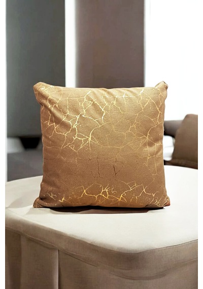 Soho Kumaş Altın Varak Desenli Dekoratif 4'lü Kırlent Yastık Kılıfı Seti 42 x 42 CM Açık Kahverengi