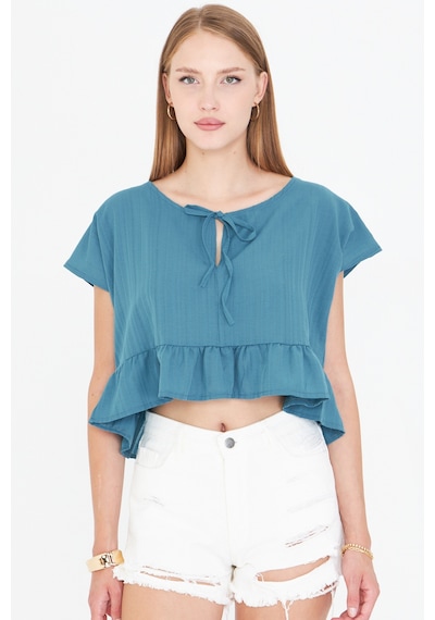 Armonika Kadın Petrol Yarasa Kol Yakası Bağlamalı Eteği Fırfırlı Oversize Crop Bluz Arm-24y001088