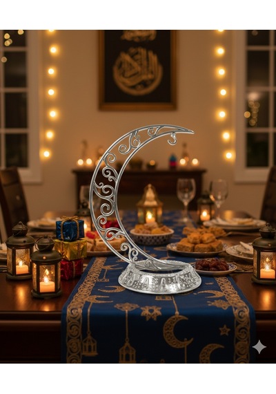 28 Cm Ramazan Dekoratif Masa Üstü Hilal Gümüş Plastik Tabanlı Süs Diğer