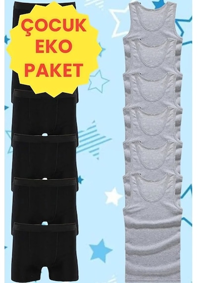 Mood Agenda Erkek Çocuk Pamuklu Penye 6 Atlet 6 Boxer Gri Siyah Gri - Siyah