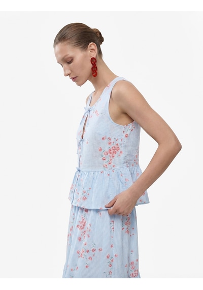 Koton Yuvarlak Bağcıklı Yaka Fiyonklu Kolsuz Çizgili Çiçekli Fırfırlı Peplum Bluz Pembe Desenli 6sak60255ew