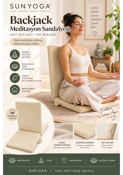 Backjack Meditasyon Sandalyesi Metal İskeletli Sırt Destekli Yoga Yer Minderi Ekru