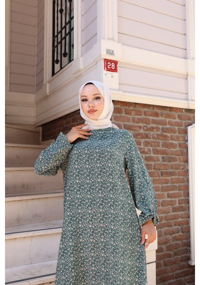 Nevayla Moda Çiçek Desenli Viskon Elbise - Yeşil / E0128 Yeşil