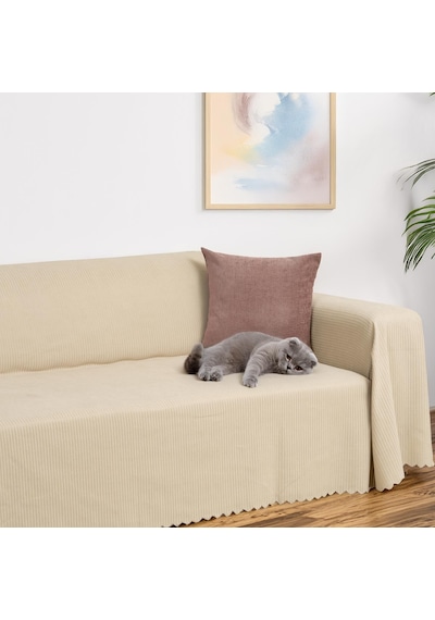 Mikrofiber Şönil Fitilli Minimalist Koltuk Örtüsü -175x350 Cm Xlarge, Çift Taraflı, Kaymaz, Terletmez Bej Bej