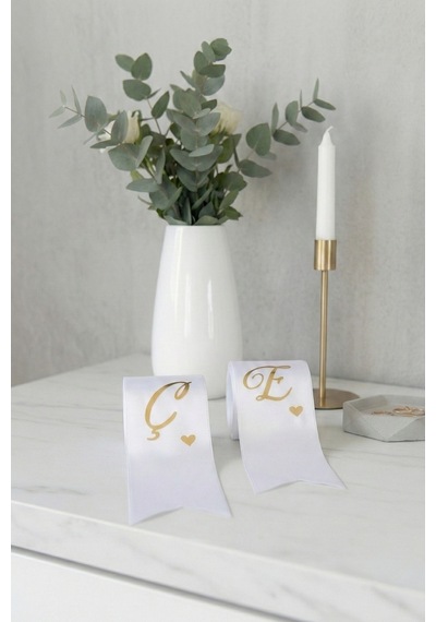 Kişiye Özel Harfli Nişan Düğün Takı Kurdelesi - Gold Yazılı Kalpli Gelin Damat Saten Kurdele 2 Adet