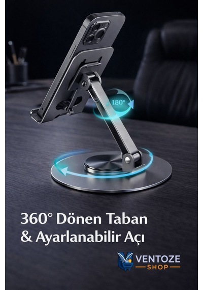 360 Dönebilir Alüminyum Masaüstü Telefon Tablet Standı Full Metal Katlanabilir Ergonomik Tutucu Koyu Metal