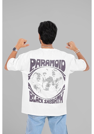 Paranoid Black Sabbath Baskılı Unisex Oversize Müzik Grubu Tişört Beyaz
