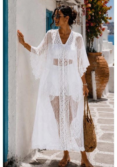 Asprinfashion Kadın İthal Dantel Pareo Kimono Plaj Elbisesi Beyaz Bohem Yazlık Kaftan