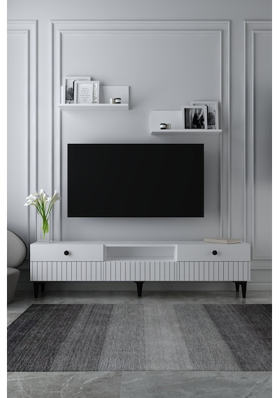 180dhdtrüç7b İlay Lazer Desen Kapak Raflı Tv Sehpası Ünitesi Beyaz