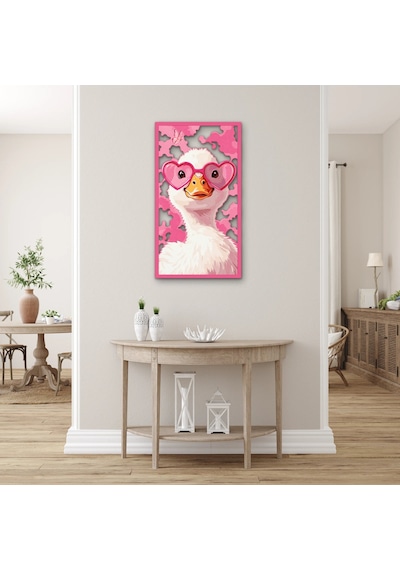 Kalp Gözlüklü Ördek Metal Tablo 36x65 Cm Çok Renkli