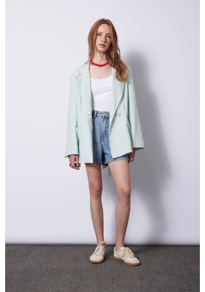 Keten Karışımlı Kuşaklı Blazer Ceket Mint