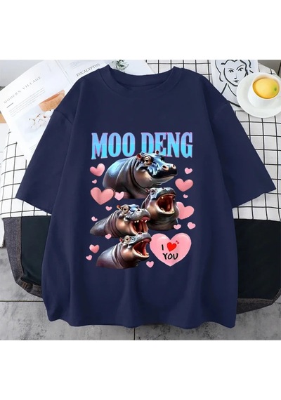 Flood Of Style Komik I Love Moo Deng Sevimli Bebek Hippo Sevgilisi Meme T Shirt Erkek Kadın Moda Gotik Rahat Lacivert