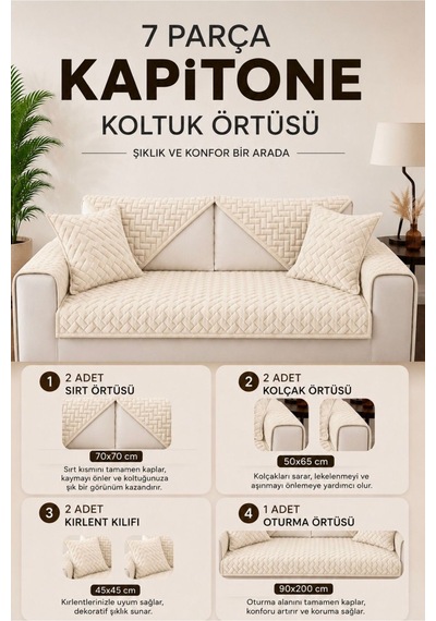 7 Parça Kaymaz Taban Kapitone 3 Lü Koltuk Çekyat Kanepe Örtüsü Krem Krem
