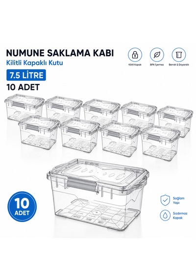 Numune Saklama Kabı 7.5 L - Kilit Kapaklı Kutu 10 Adet