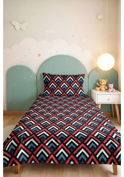Geometrik Siyah Genç Odası Tek Kişilik Pike Takımı - Modern Lacivert Kırmızı 160x220 Cm Yatak Örtüsü Dokulu İz Perdesi