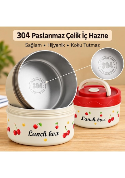 Valkyrie 3 Katlı Paslanmaz Çelik Kirazlı Yemek Termosu Lunch Box 1390 Ml Taşıma Çantalı Isı Yalıtımlı Kırmızı