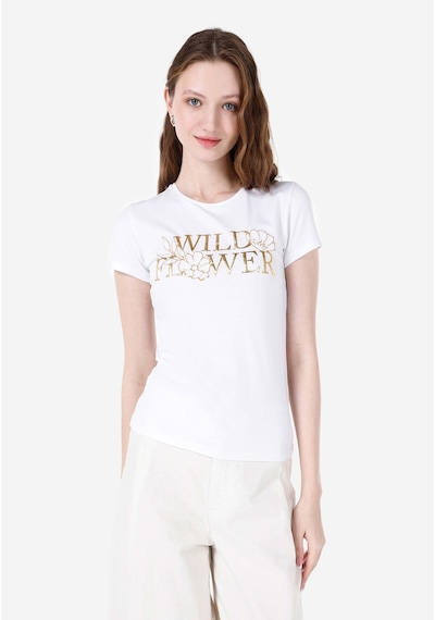 Colins Slim Fit Yuvarlak Yaka Baskılı Kadın Beyaz Kısa Kol Tişört Cl1067940 Q1.v1 Wht Beyaz