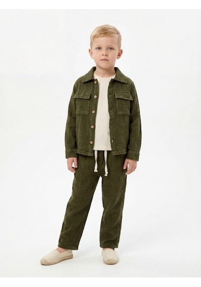 Zekids Erkek Çocuk Müslin Dokulu Rahat Kesim Pantolon-17144 Yeşil