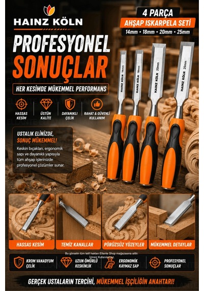 4 Parça Ahşap Iskarpela Seti 14-18-20-25 Mm Krom Vanadyum Çelik Ergonomik Kaymaz Sap Profesyonel Mar