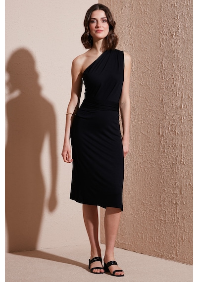 Lela Slim Fit Tek Omuzlu Yırtmaçlı Bağlama Detaylı Midi Bayan Elbise 5866272 Siyah