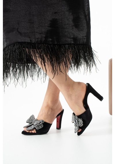 Lebibe Shoes Seravıa Kadın Siyah Kadife Taşlı Fiyonklu 9 Cm Topuklu Abiye Terlik
