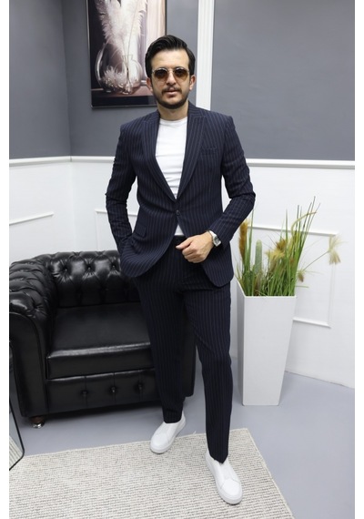 Avni Ceylan Monoline Elegance Stil Gofre Kumaş Tek Düğme Takım Elbise Lacivert