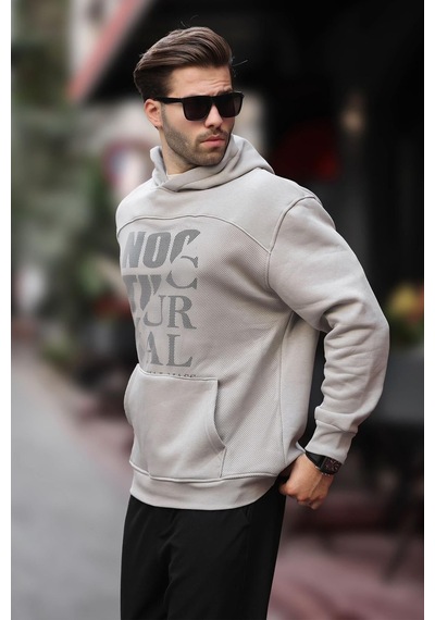 Madmext Boyalı Gri Baskılı Kapüşonlu Cep Detaylı Erkek Sweatshirt 7062 Gri