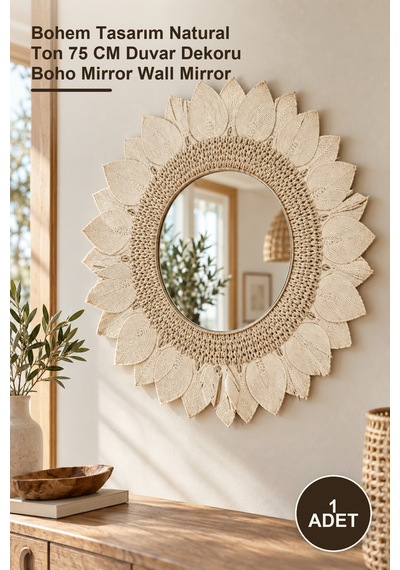 1 Adet Makrome Duvar Aynası Bohem Tasarım Natural Ton 75 Cm Duvar Dekoru Boho Mirror Wall Mirror