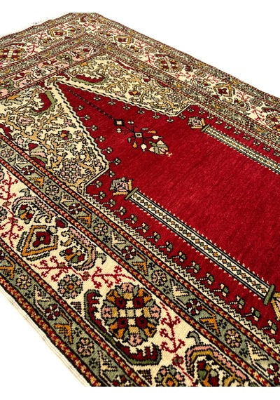 El Dokuması Sıfır Bürüngüz Halısı 107x171 Mihraplı Model Antika Kök Boya Yün Halı Kırmızı