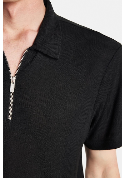 Tudors Erkek Slim Fit Dar Kesim Viskon Fermuarlı Polo Yaka Siyah Tişört-34358 SIYAH