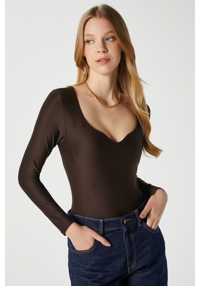 Ritnice Kadın Rich Kalp Yaka Polyamid Kahverengi Çıtçıtlı Body / Bluz Kahverengi