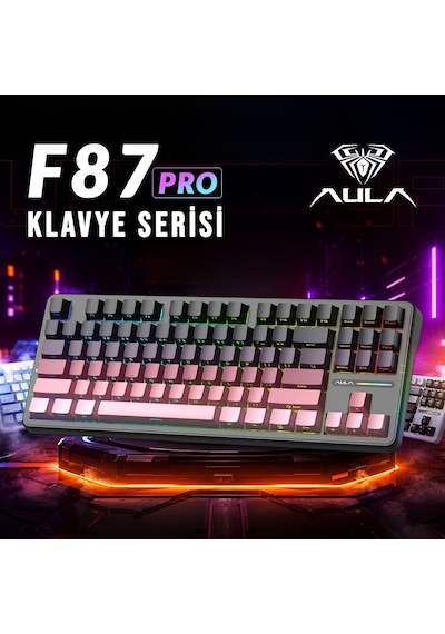 Aula F87 Pro Mekanik Rgb Tkl Graywood V4 Switch Kablosuz Makrolu Hot Swap Klavye Gradyan Pembe