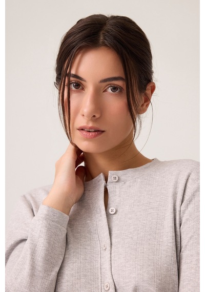 Los Ojos X Ece Gri Melanj Petek Dokulu Düğmeli Pijama Takımı Pointelle Pj Gri Melanj Gri Melanj