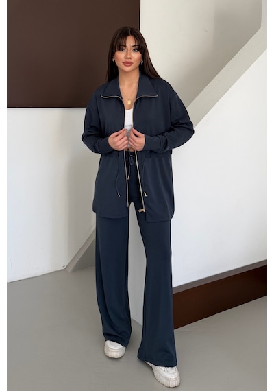 Balenbi Oversize Fermuarlı Beli Bağcıklı Polo Yaka Modal Kadın Takım 1196 - Form Serisi Füme Balenbi Oversize Fermuarlı Beli Bağcıklı Polo Yaka Modal Kadın Takım 1196 - Form Serisi Füme