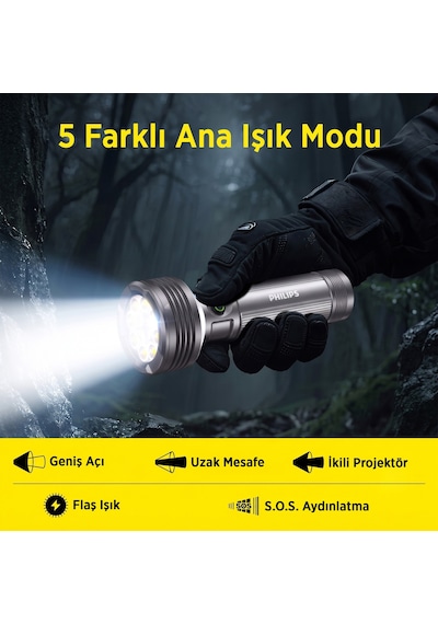 Philips Sfl6253 3000 Lümen 50w Led El Feneri Metal Gövdeli 9 Modlu Çıkarılabilir Pilli Şarj Edilebilir Çift Açılı Flashlight