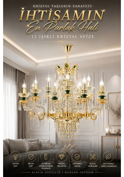 Modern Premium Yeşil Detaylı Klasik 12'li Gold Avize E14 Duylu Lüks Salon Avizesi