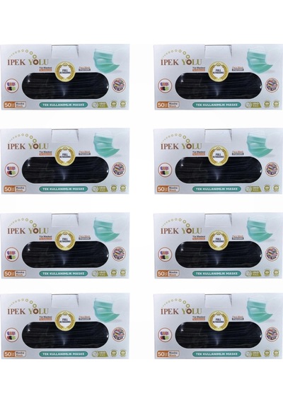 Tek Kullanımlık Maske 3 Katlı Telli Meltblownlu 50'li Kutu Siyah - 8 Kutu