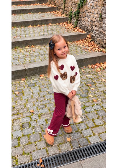 Elzo Collection Kız Çocuk Kalp Ve Ayı Nakışlı Triko Kurdele Detaylı Gabardin Denim Kot Alt Üst Takım Ekru - Bordo Elzo Collection Kız Çocuk Kalp Ve Ayı Nakışlı Triko Kurdele Detaylı Gabardin Denim Kot Alt Üst Takım Ekru - Bordo