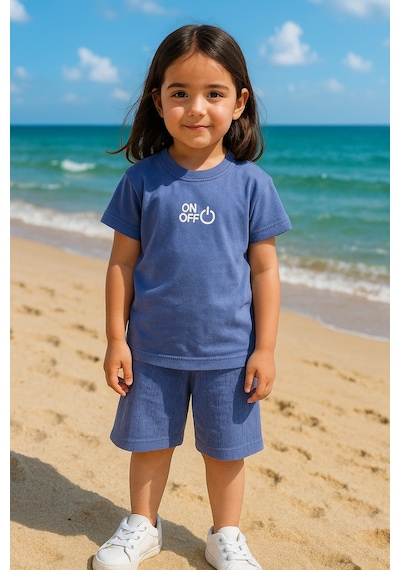 Onoff Baskı Fitillli Şortlu Basic Kız Erkek Çocuk Yazlık Şortlu Takım Koyu Lila