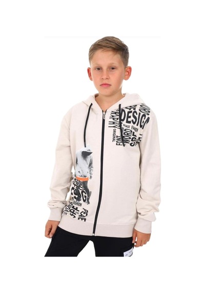 Ekkokids Erkek Çocuk Kapüşonlu Adam Baskılı Yazılı Hırka-13384-taş
