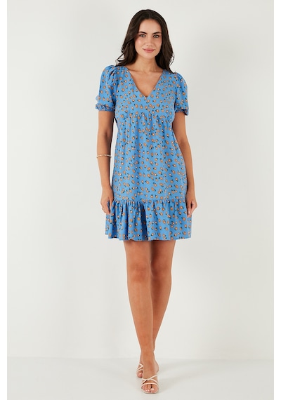 Lela Regular Fit V Yaka Balon Kol Desenli Mini Bayan Elbise 67810045 Mavi