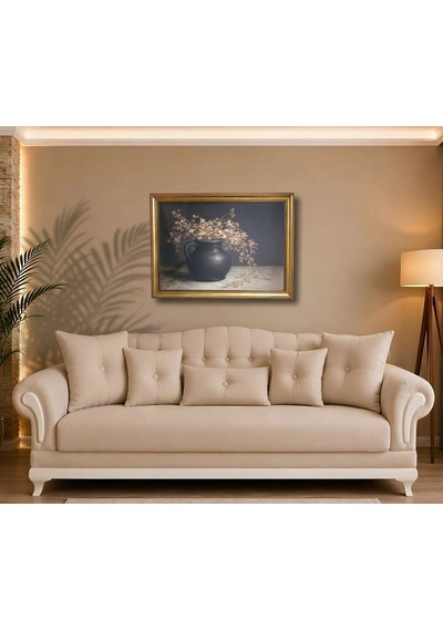 Antika Gold Çerçeveli Toprak Testide Kuru Çiçek Tablosu - Vintage Salon Duvar Dekoru 80x60 Cm